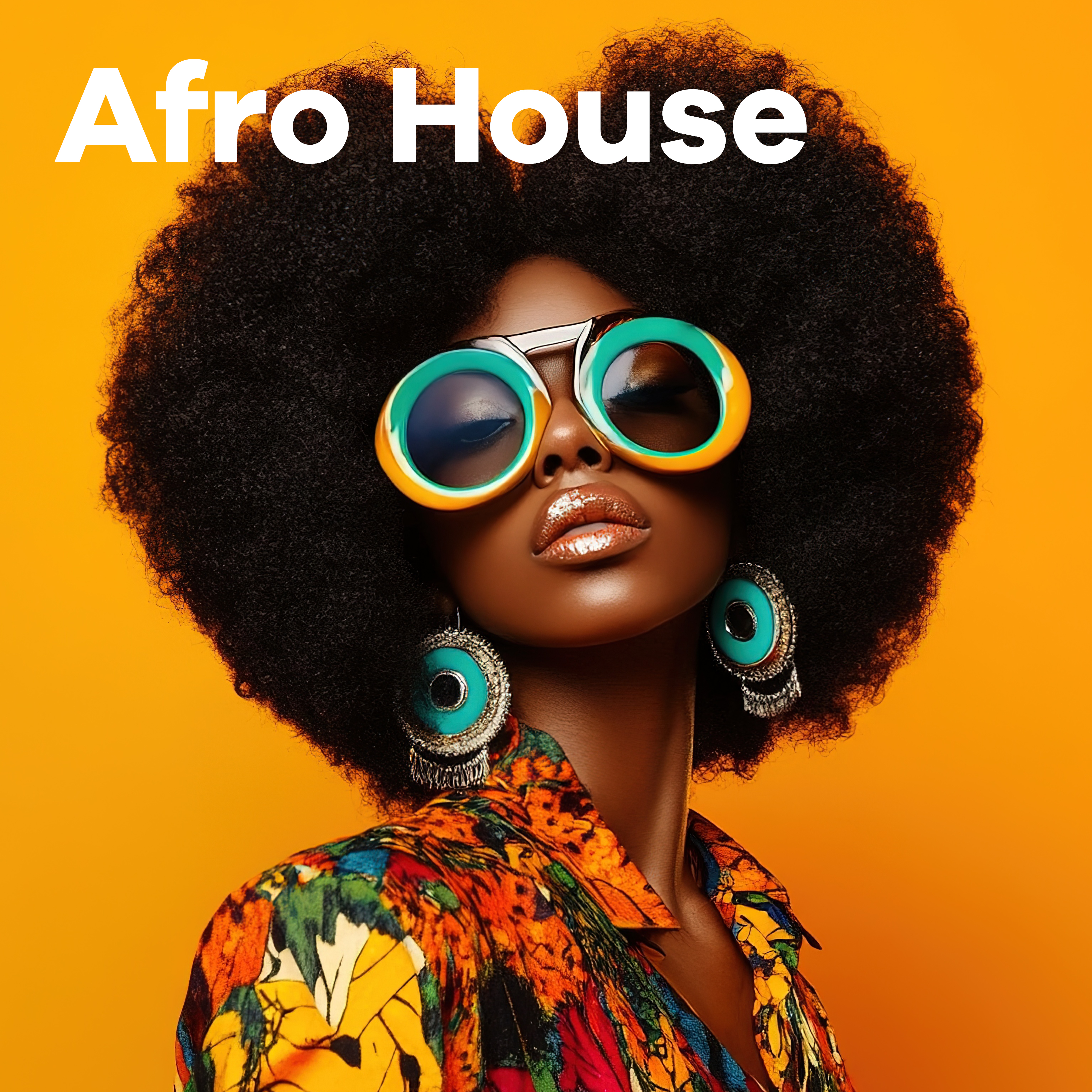  Afrohouse Sender: Frau mit Afrofrisur und Sonnenbrille vor orangem Hintergrund