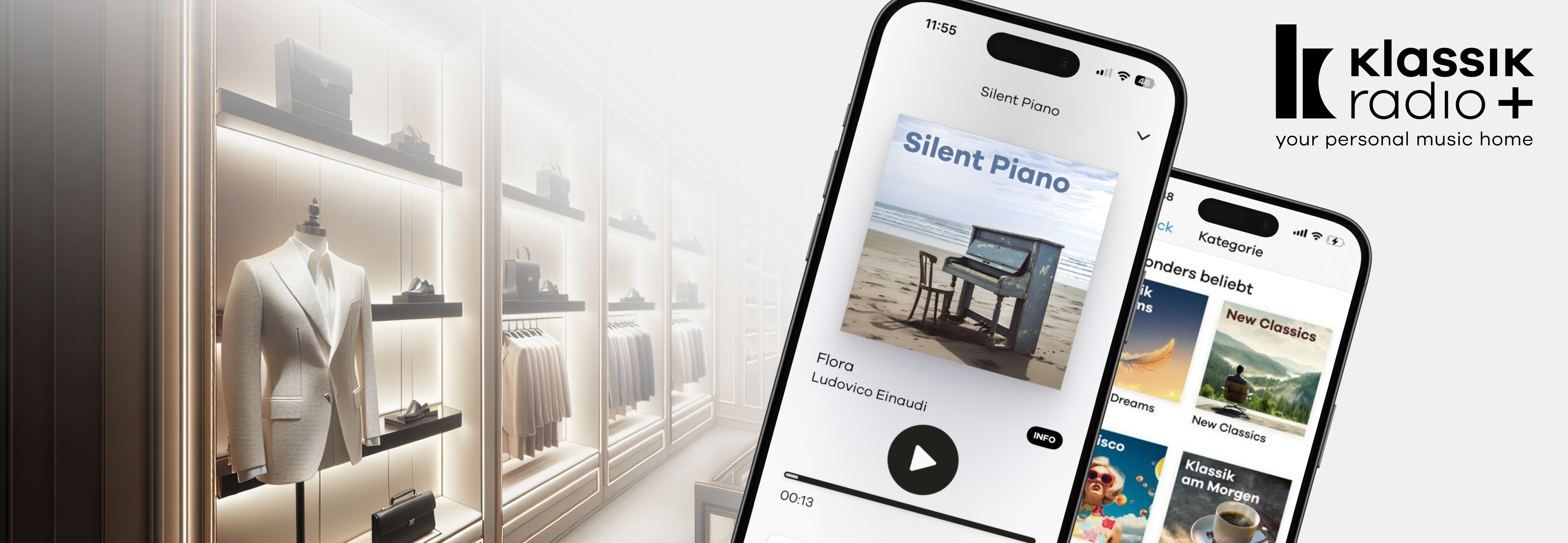 Modegeschäft mit Herrenmode und dazu der Musik-Sender Silent Piano