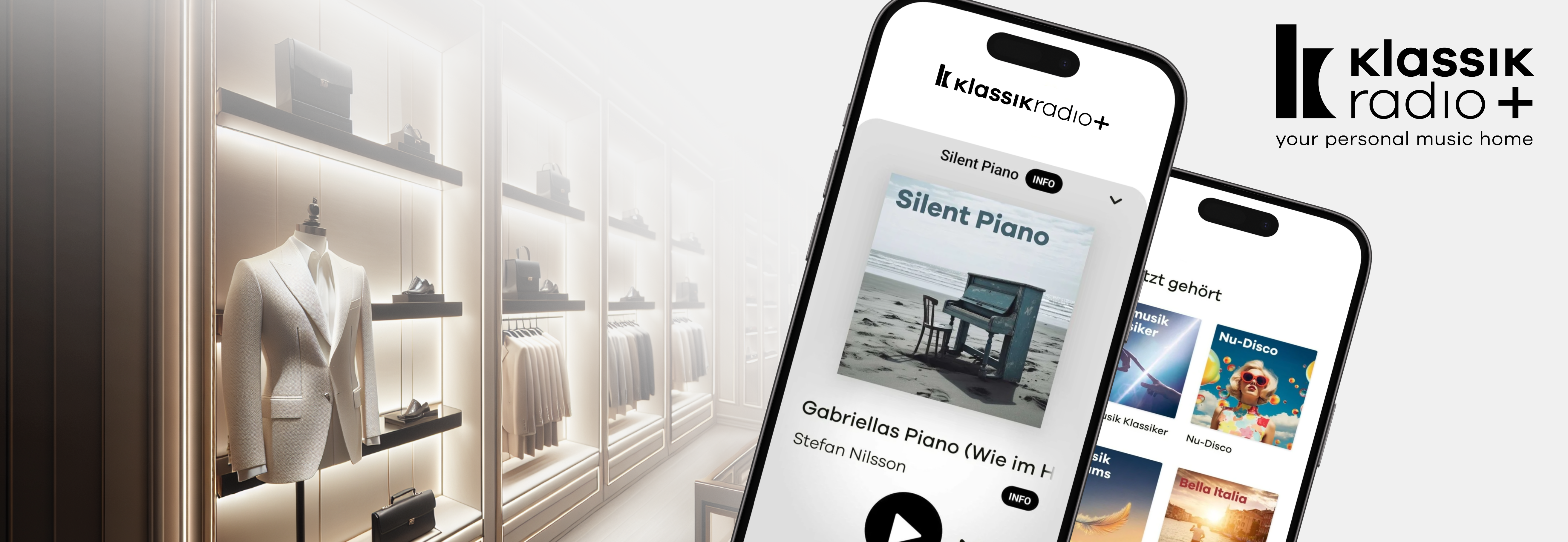 Modegeschäft mit Herrenmode und dazu der Musik-Sender Silent Piano