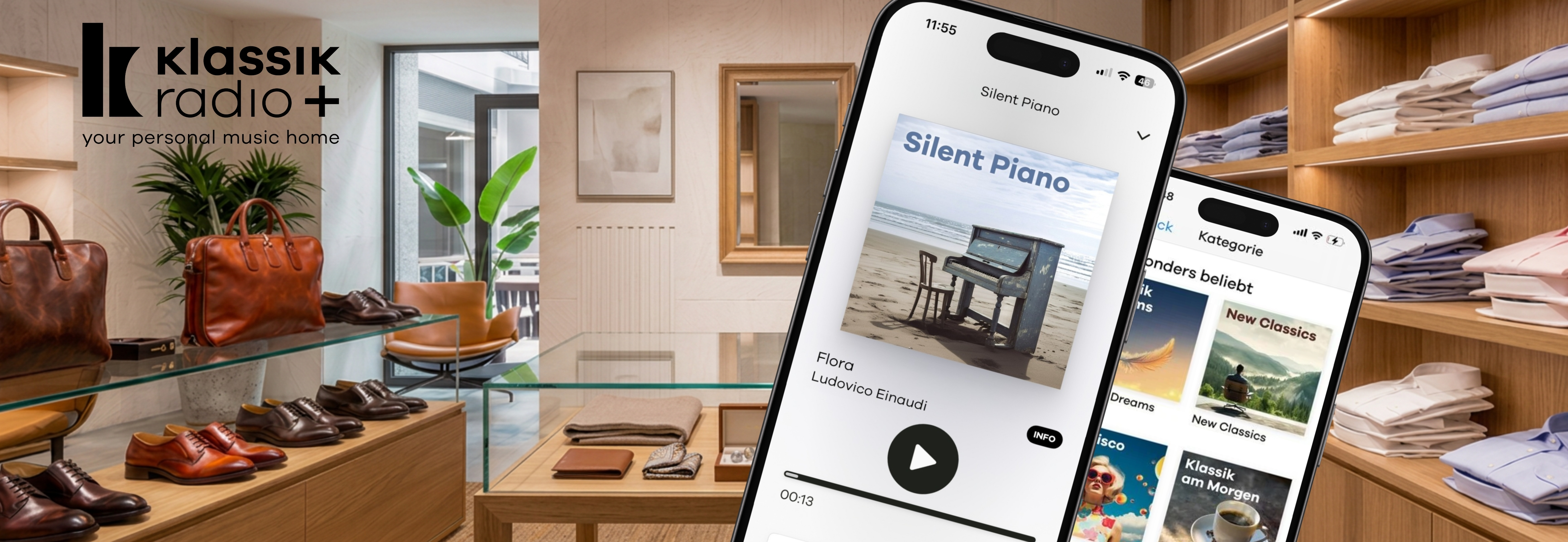Modegeschäft mit Herrenmode und dazu der Musik-Sender Silent Piano