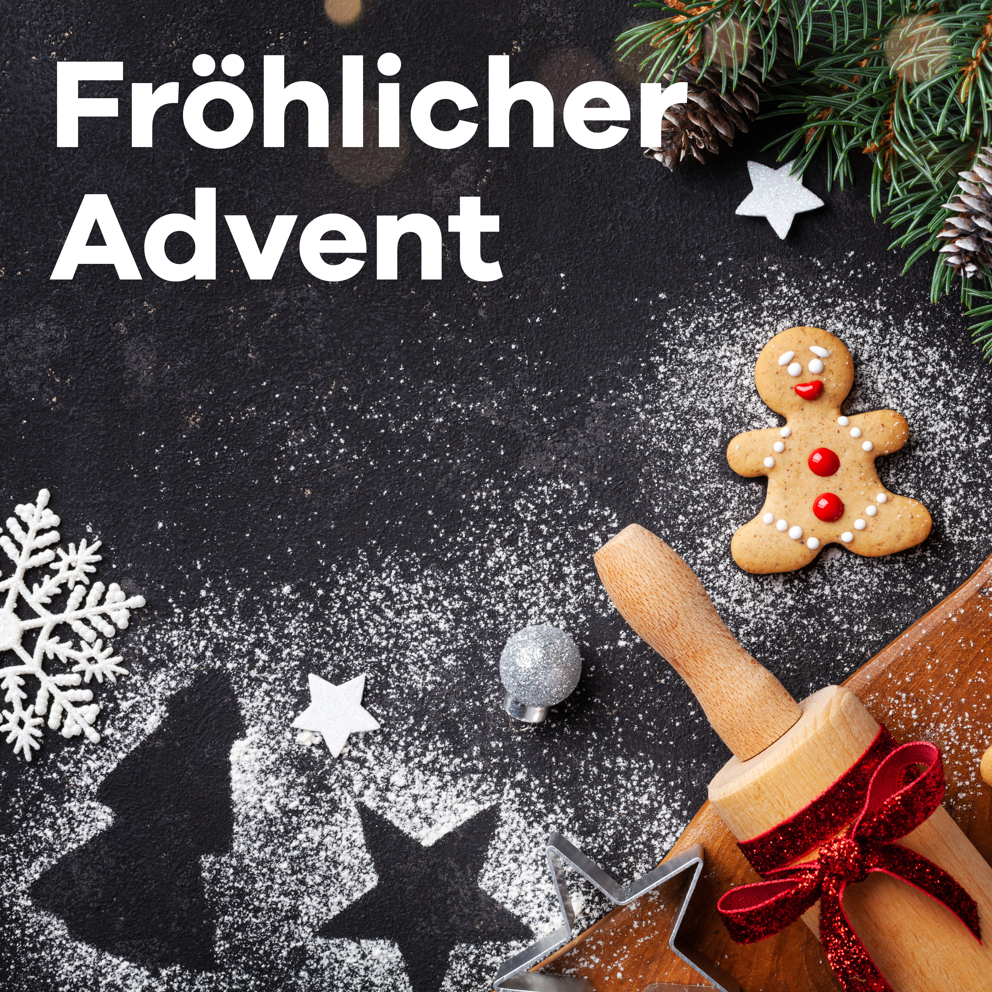 Sender von Klassik Radio Plus: „Fröhlicher Advent“ mit Lebkuchenmann, Nudelholz und Weihnachtsdeko.