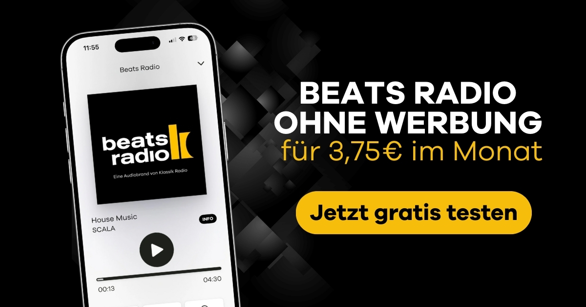 Smartphone mit Beats Radio App, House Music Playlist und Werbetext für werbefreies Streaming-Angebot