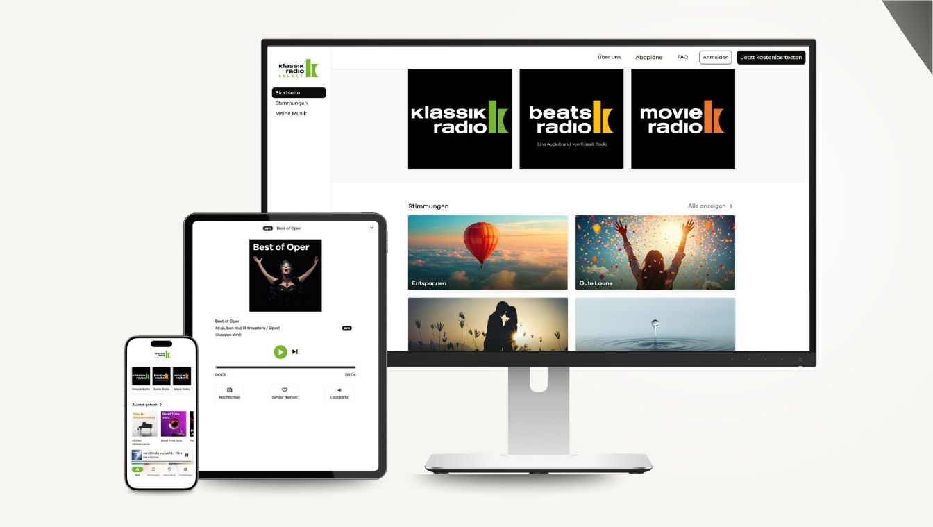 Website von Klassik Radio auf Computer, Tablet und Smartphone mit Radiosender-Logos und Musik-Playlisten