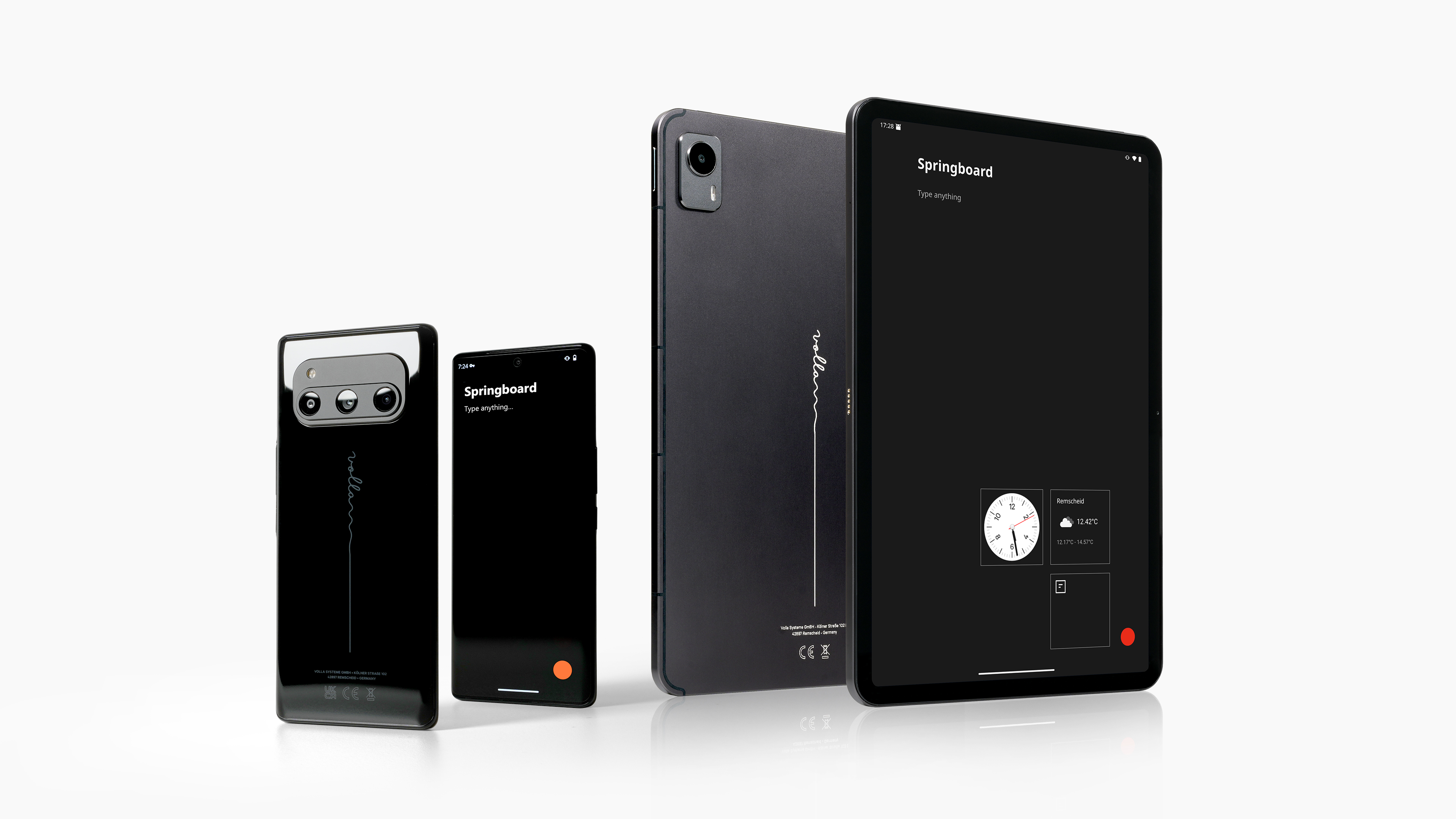 Vier moderne mobile Geräte mit schwarzem Bildschirm und minimalistischer Benutzeroberfläche nebeneinander