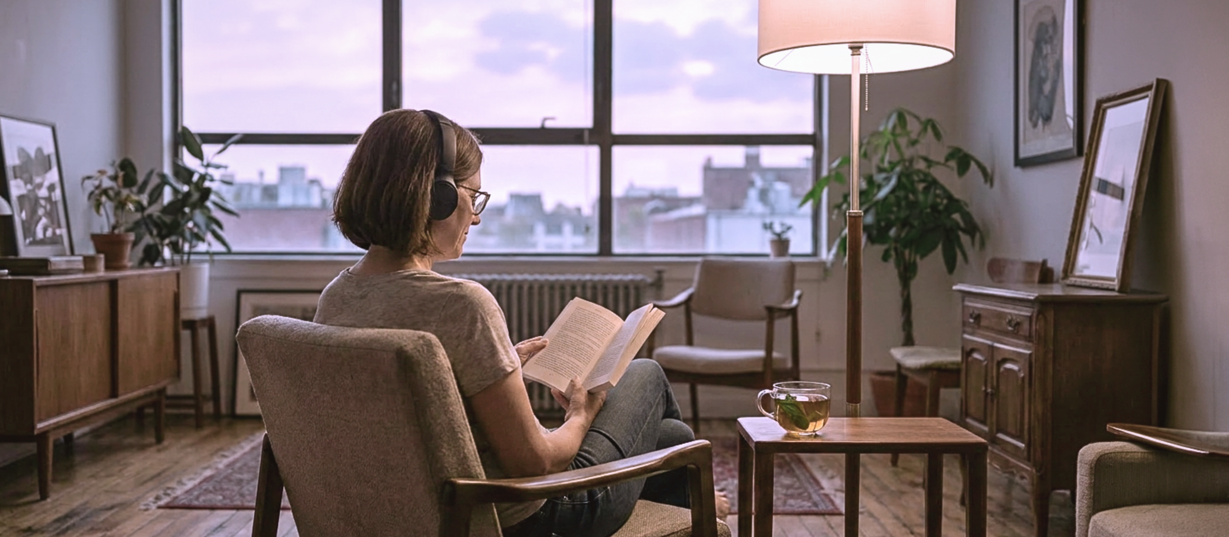 Frau liest in einem Sessel ein Buch und hört dabei Klassik zum Träumen