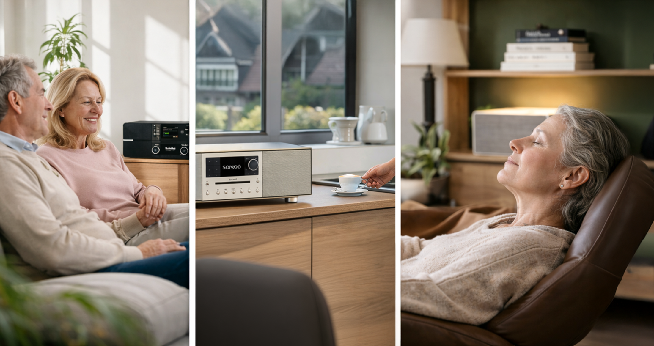 Bildmosaik aus Radios in unterschiedlichen Räumen