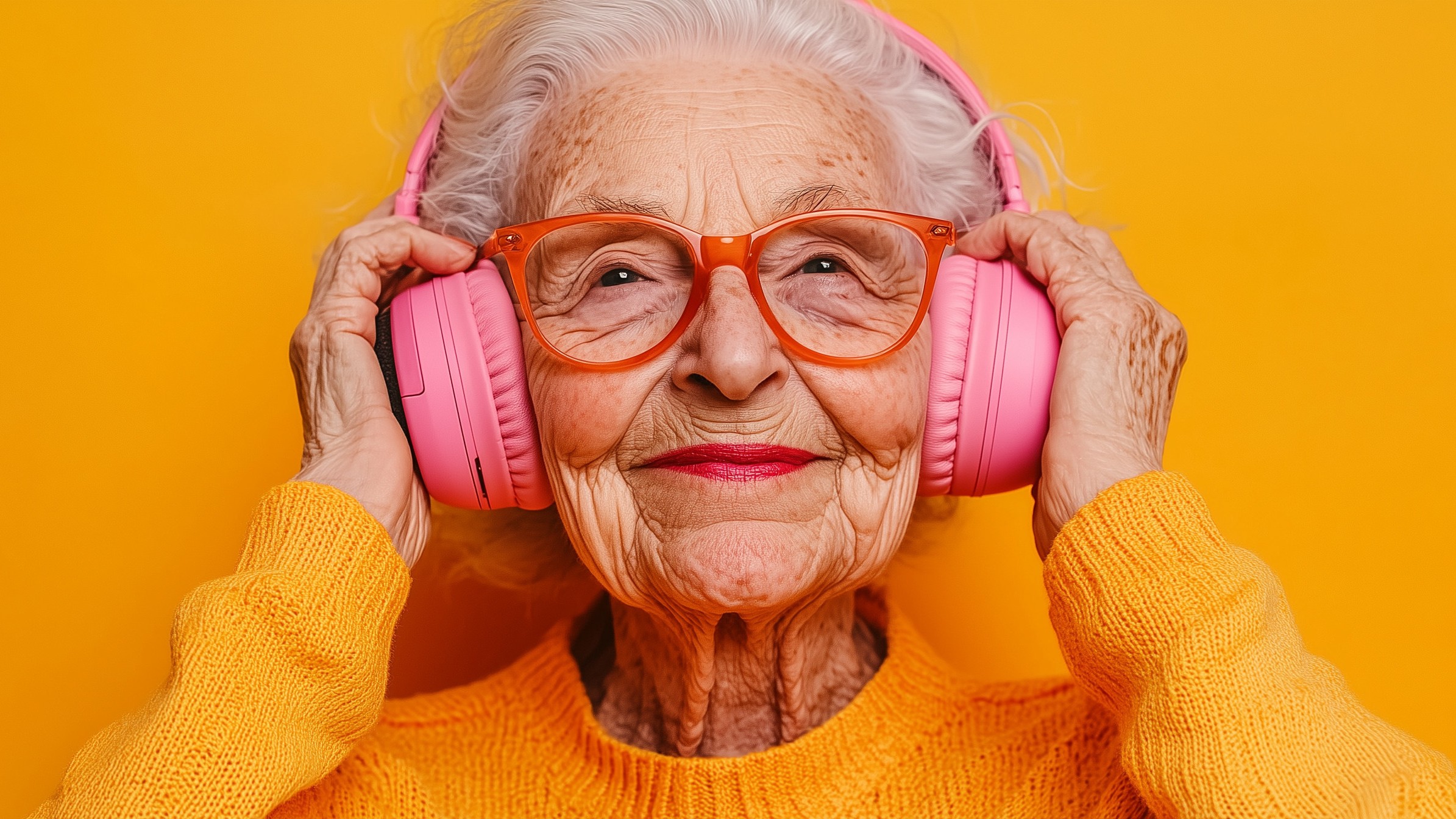 Alte Frau hört Musik