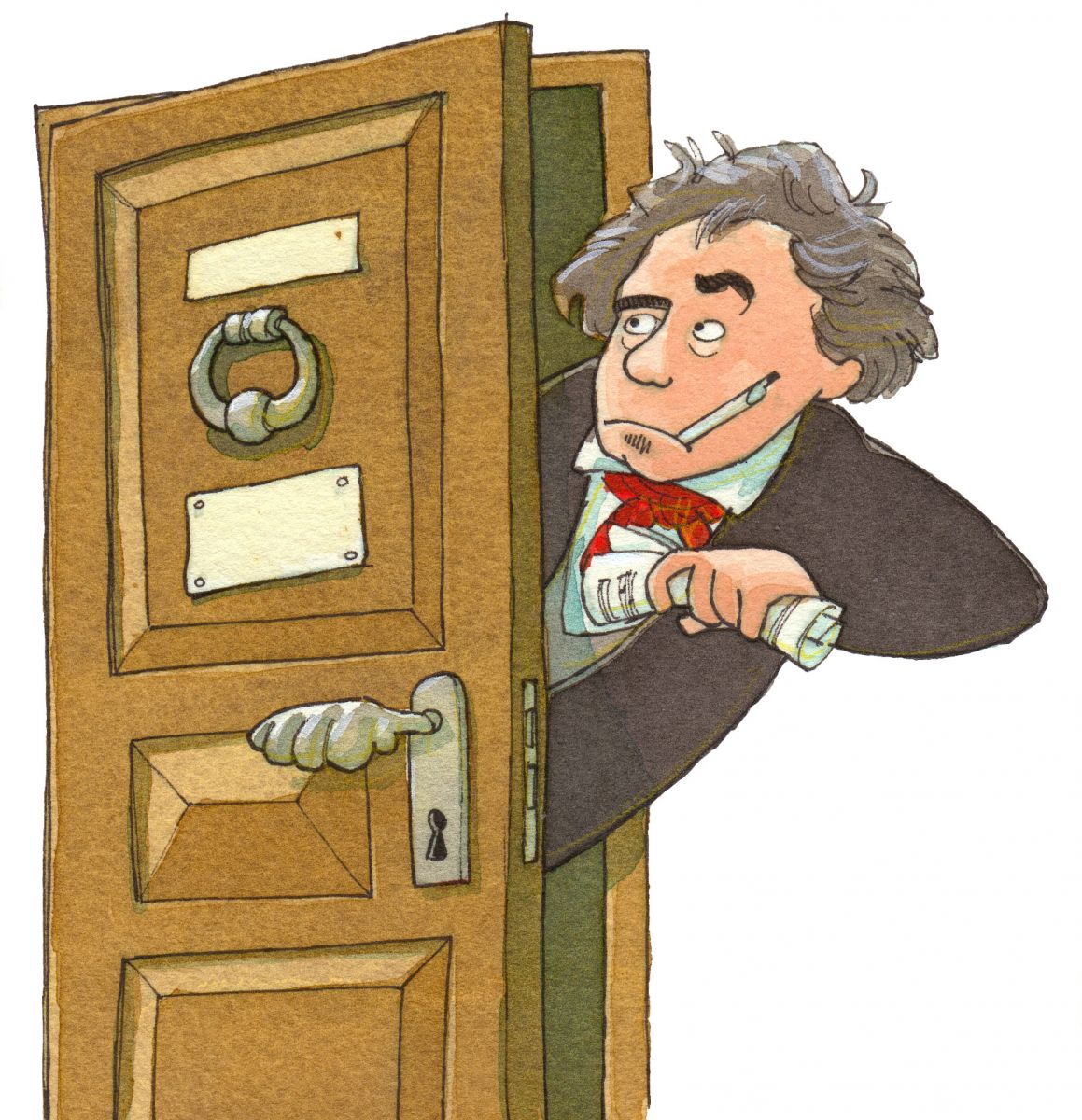 Cartoon von Beethoven, der hinter einer Tür hervorsieht, Stift im Mund, Notenblatt in der Hand 