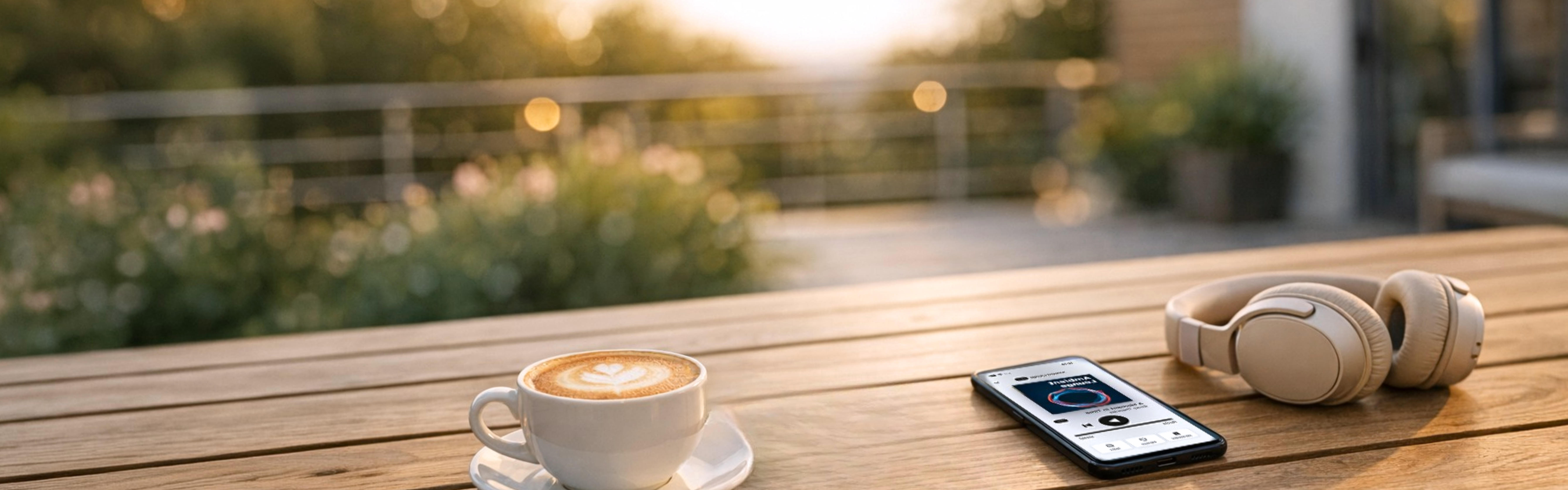 Smartphone mit dem Ambient Lounge Musiksender liegt neben Kopfhörern und Cappuccino auf dem Balkontisch.