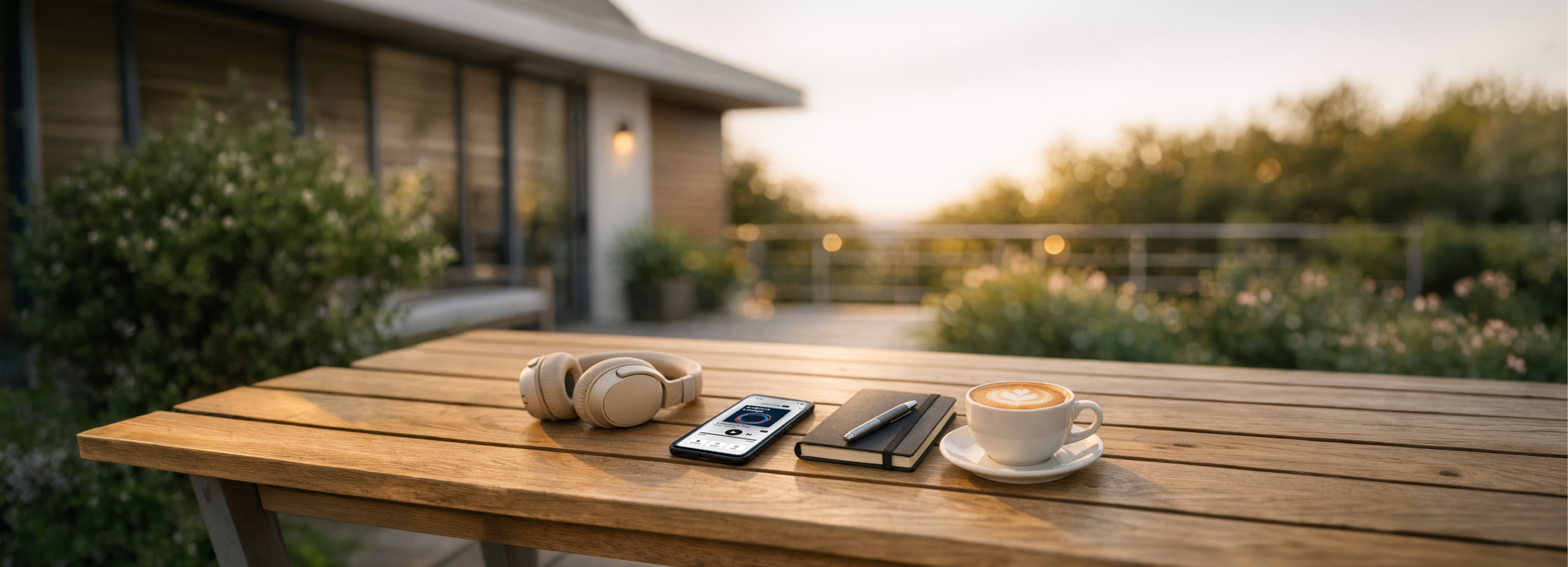 Smartphone mit dem Ambient Lounge Musiksender liegt neben Kopfhörern und Cappuccino auf dem Balkontisch.