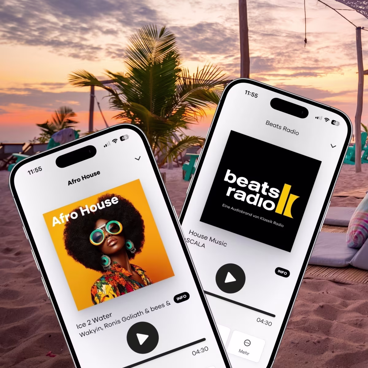 Beats Radio im Handy und im Hintergrund ein Strand bei Sonnenuntergang