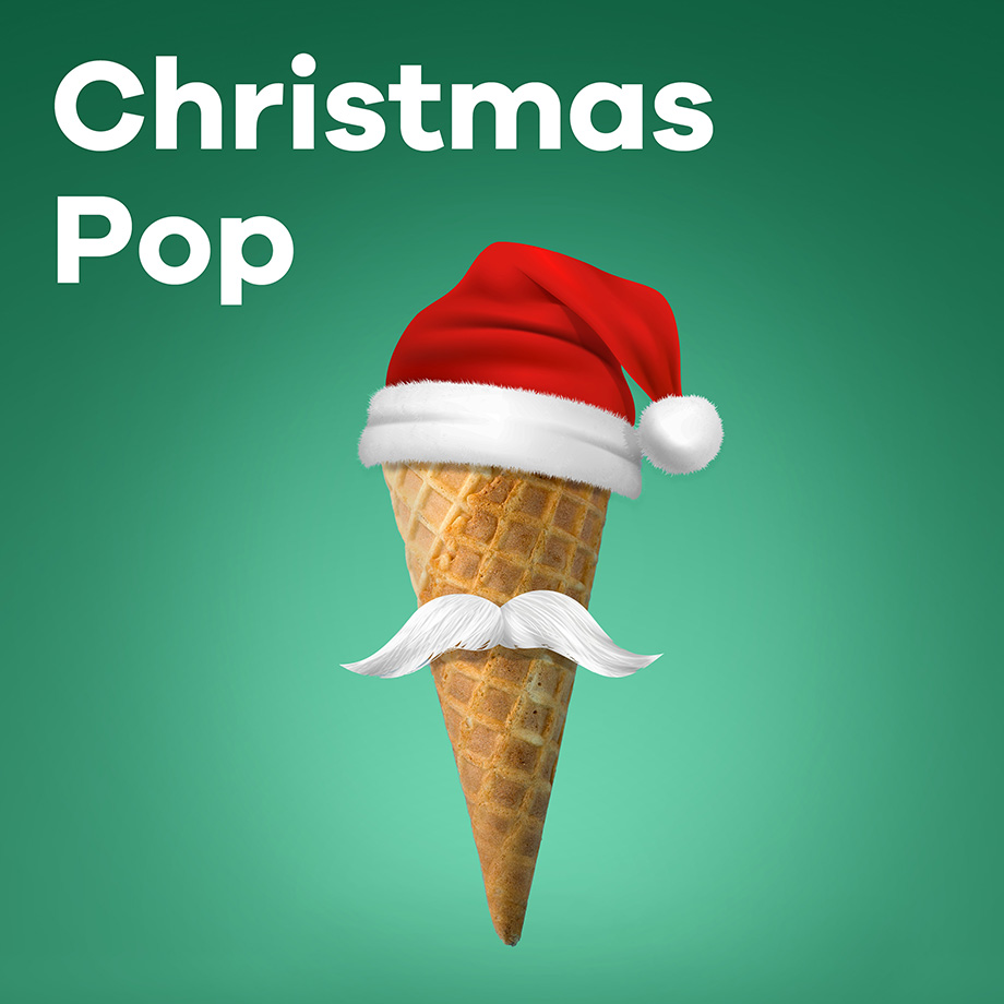Sender von Klassik Radio Plus: „Christmas Pop“ mit Eiswaffel, Weihnachtsmütze und weißem Schnurrbart.