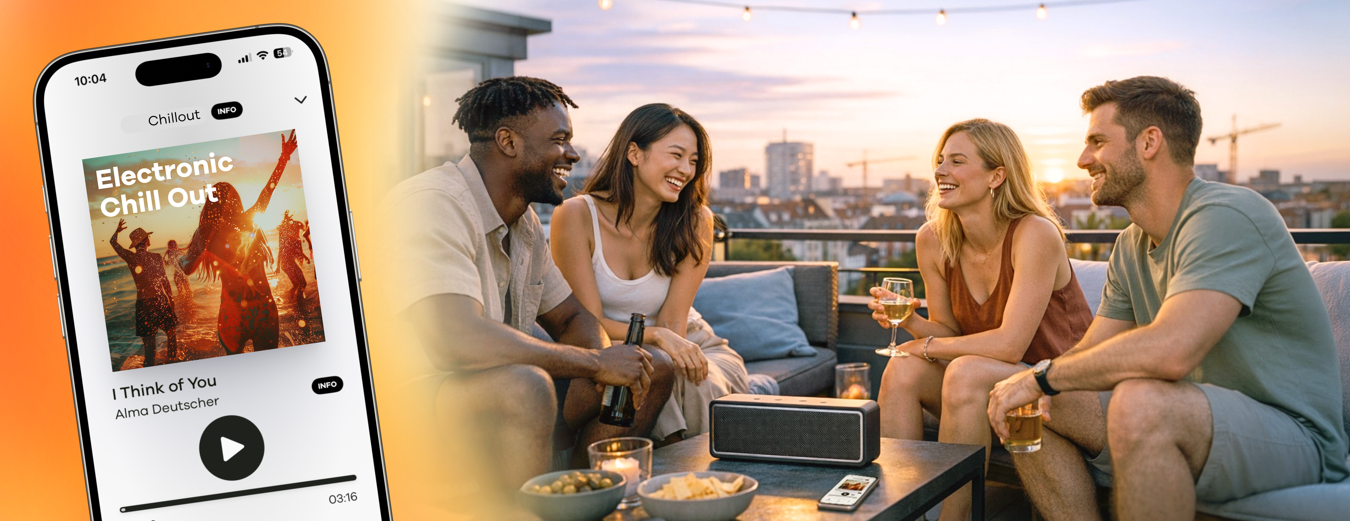 Freunde die zusammen Chillout Musik auf der Dachterrasse hören