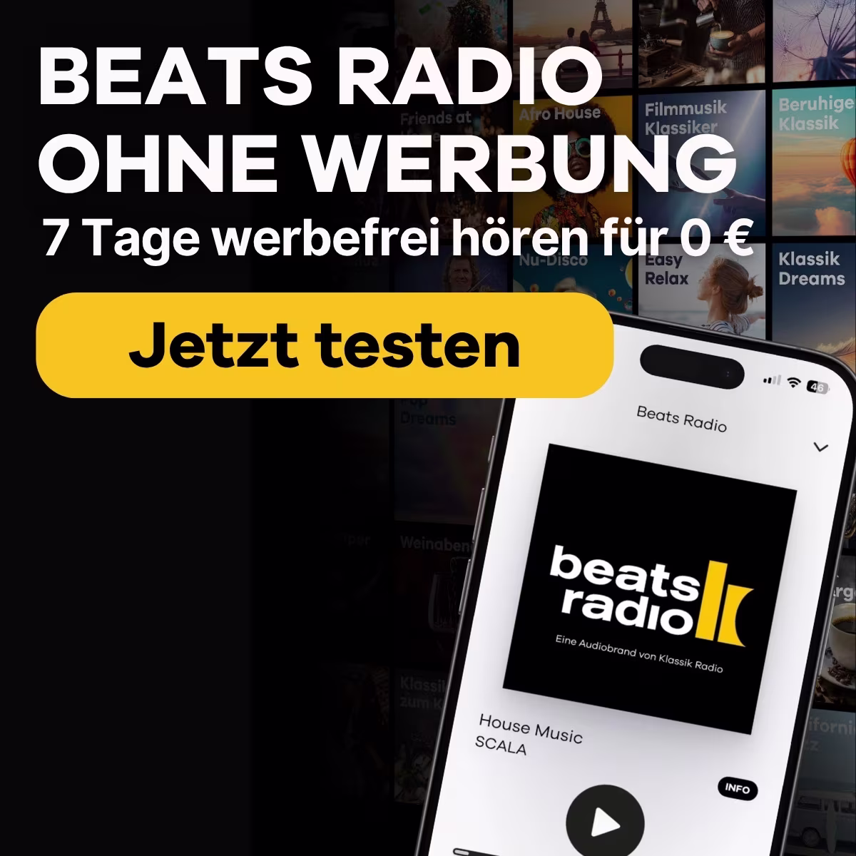 Weltall im Hintergrund, davor ein Handy mit Beats Radio auf dem Display, daneben Text "Beats Radio ohne Werbung - 7 Tage werbefrei für 0 €, Jetzt gratis testen"