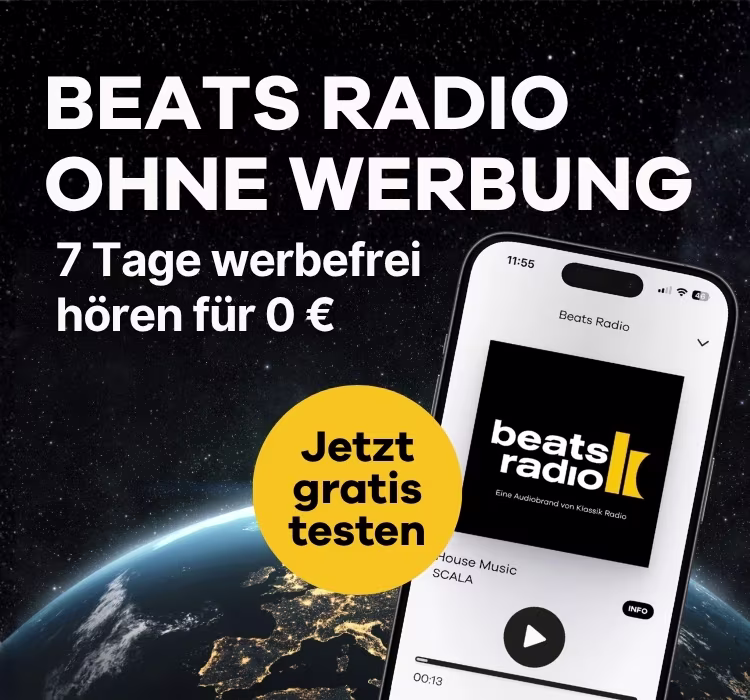 Weltall im Hintergrund, davor ein Handy mit Beats Radio auf dem Display, daneben Text "Beats Radio ohne Werbung - 7 Tage werbefrei für 0 €, Jetzt gratis testen"
