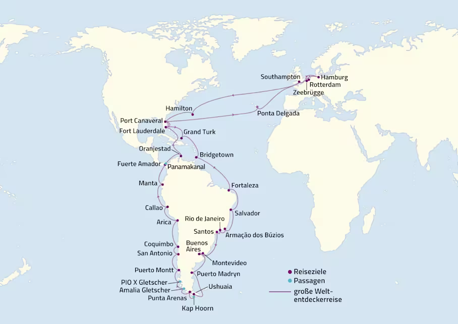 Bildunterschrift Cunard Südamerika 2027 KARTE 92-Tage
