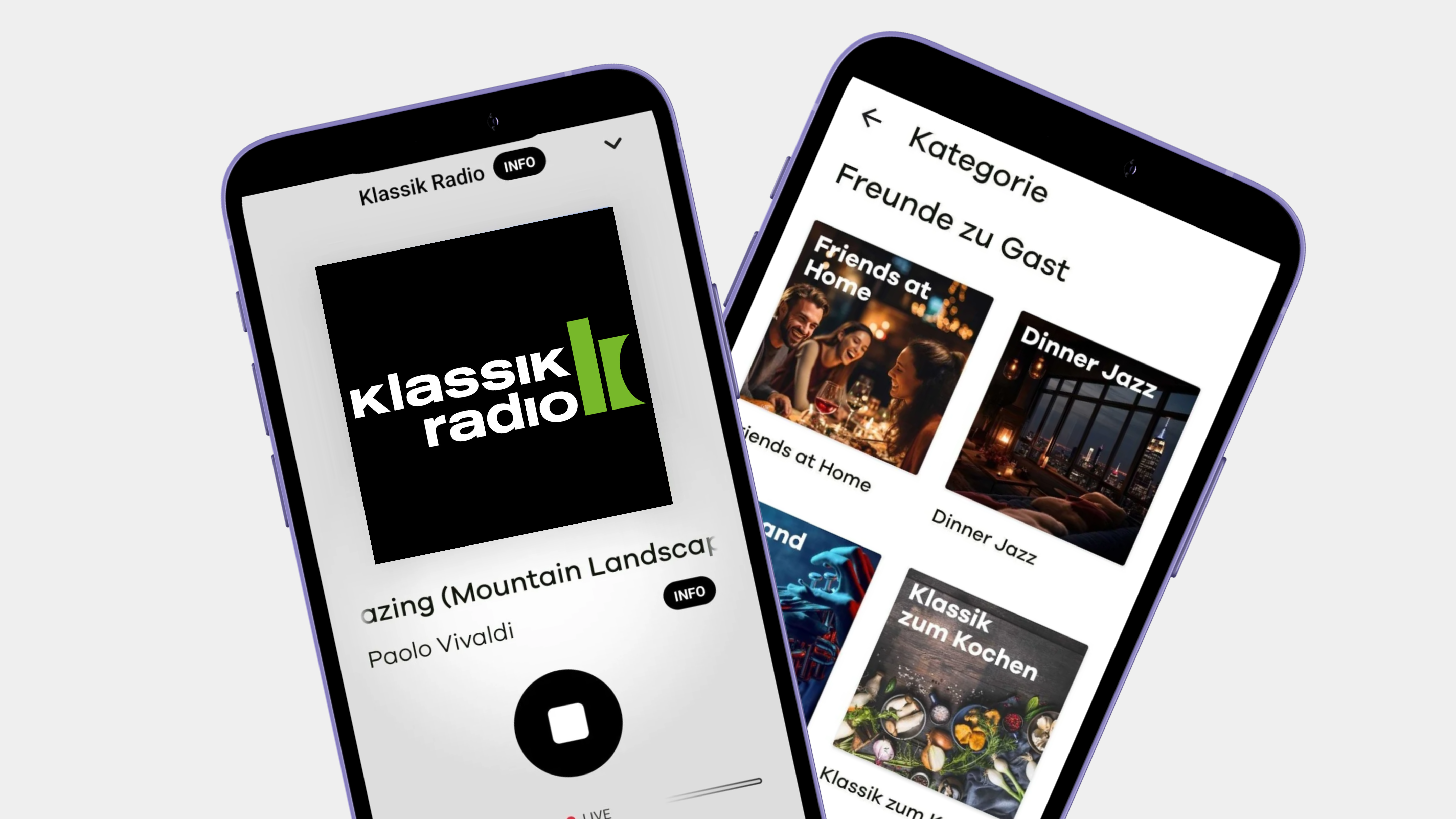 2 Handys, in dem Klassik Radio Plus zu sehen ist. Einmal die Sender Klassik Radio, Beats Radio und Movie Radio. Im zweiten Filmmusik und Jazz