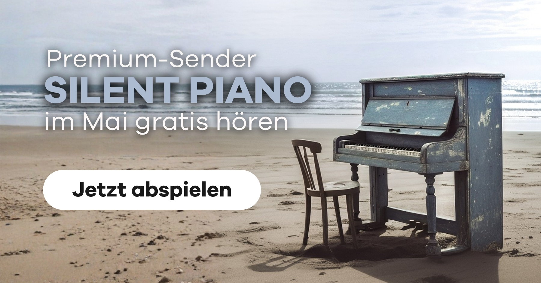 Abgeblätterte Piano am Strand, Text: Premium-Sender Silent Piano gratis hören