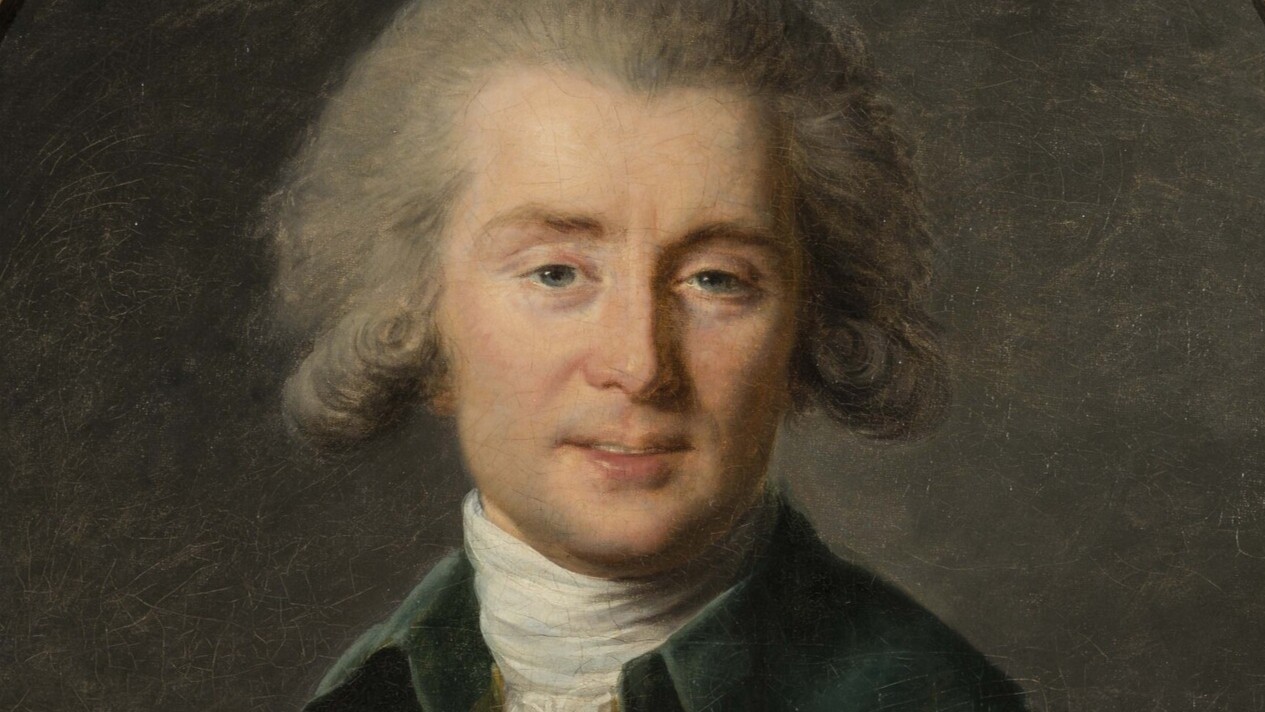 Klassisches Gemälde einer Person mit weißem Hemd und grünem Mantel vor dunklem Hintergrund