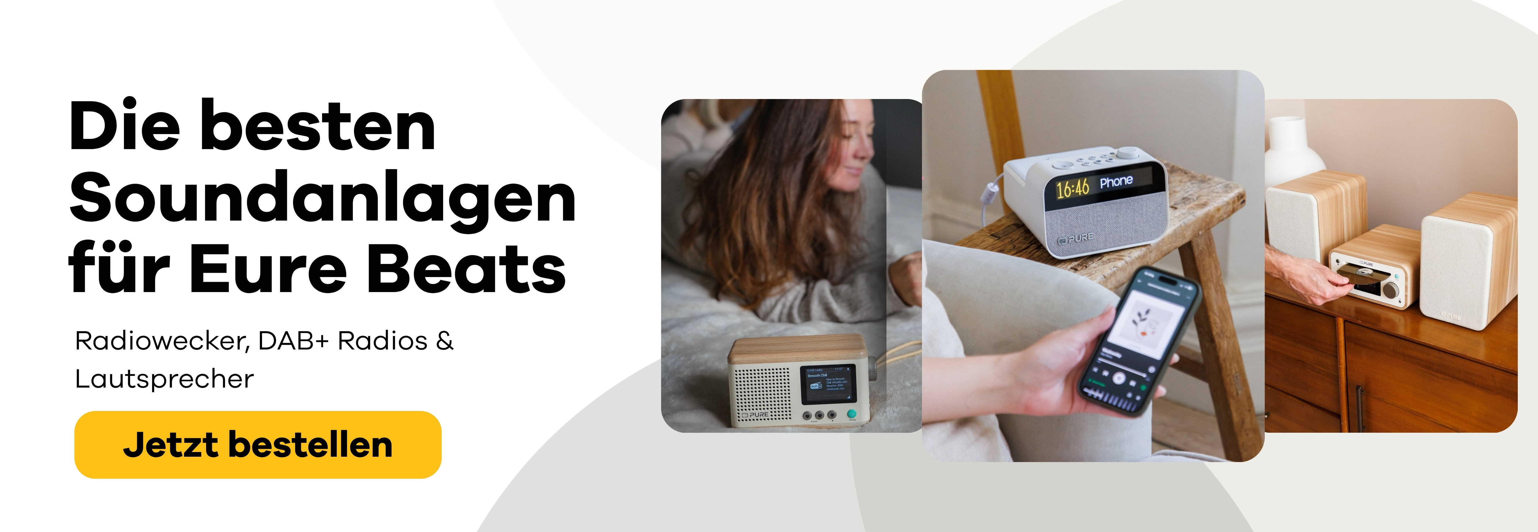 3 Bilder: Pure Classic Mini auf dem bett, Pure Moment Charge Radiowecker mit Verbindung zum Smartphone und Pure Classic Stereo Mini, Text: Die besten Soundanlagen für eure Beats