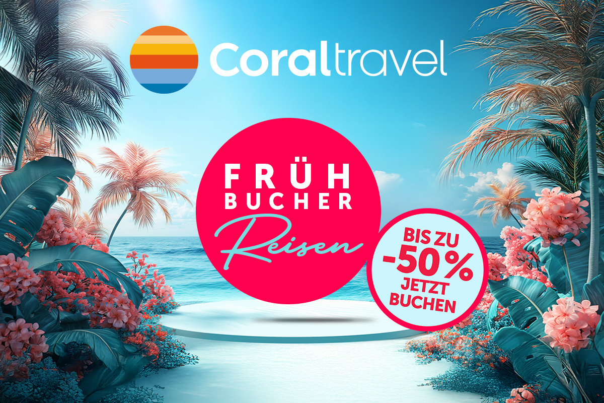 Tropischer Strand mit Palmen und Blumen, Coral Travel Logo, Frühbucherreisen bis zu 50% Rabatt Hinweis
