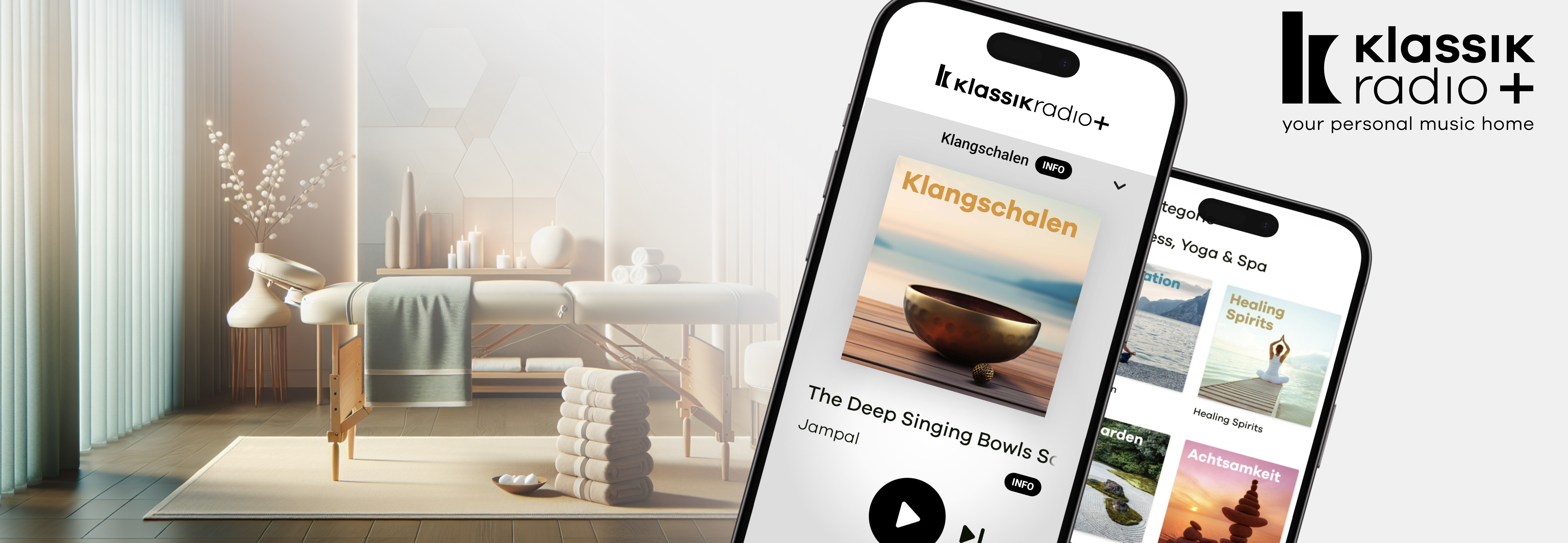 Eine Massage-Liege und der Musik-Sender Klangschalen