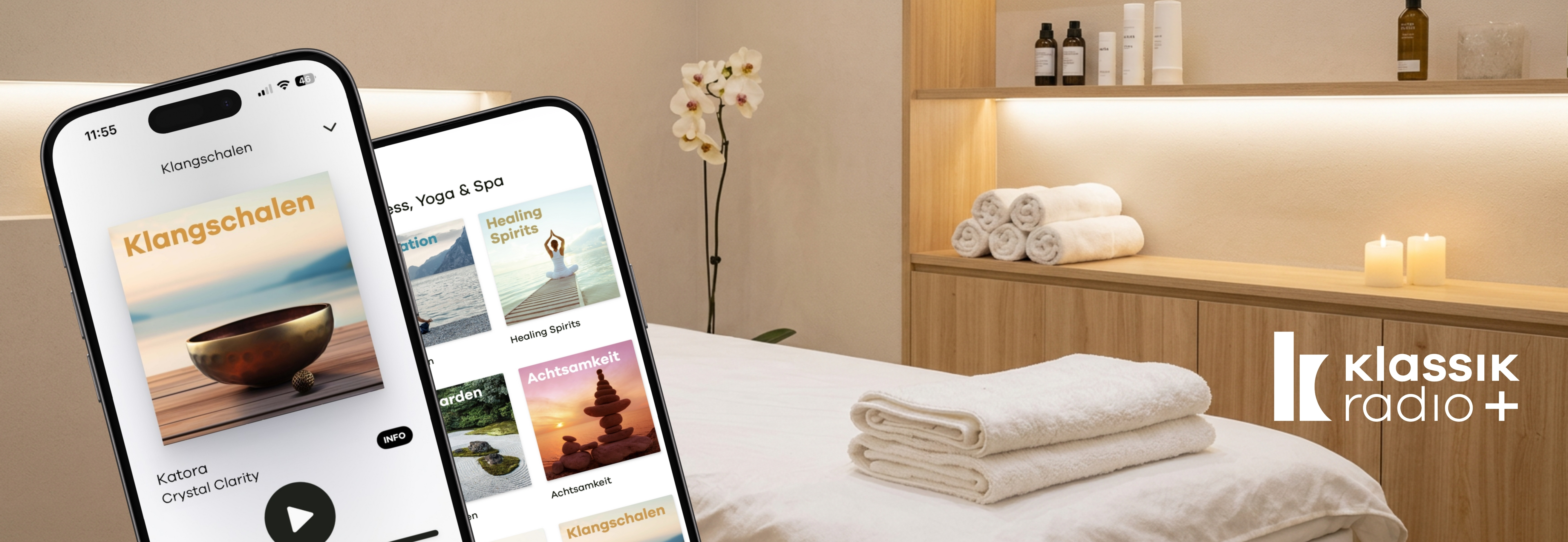 Eine Massage-Liege und der Musik-Sender Klangschalen