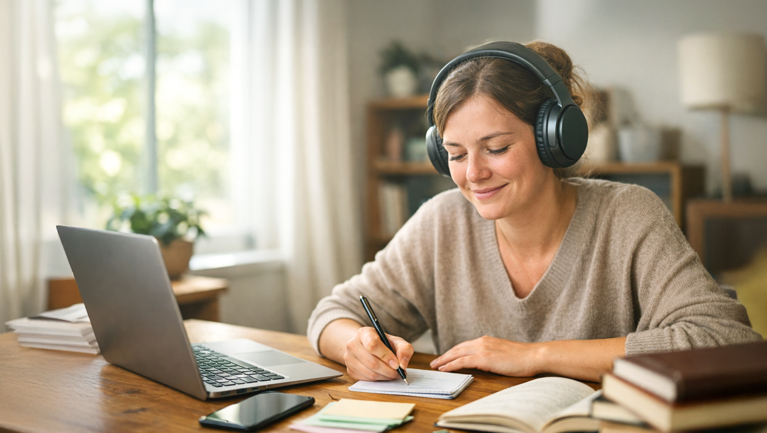 Studentin die Musik hört und konzentriert lernt