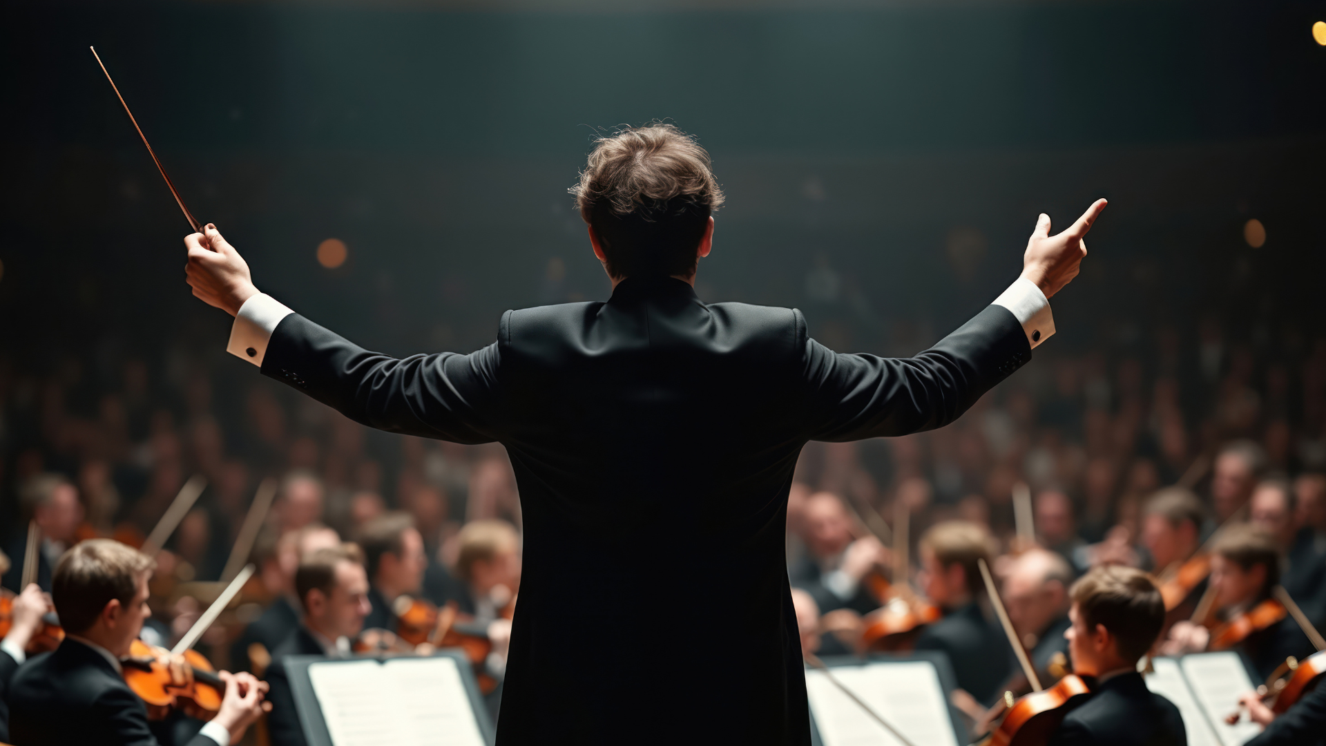 Dirigent mit erhobenen Armen leitet ein großes Orchester vor Publikum in einem Konzertsaal