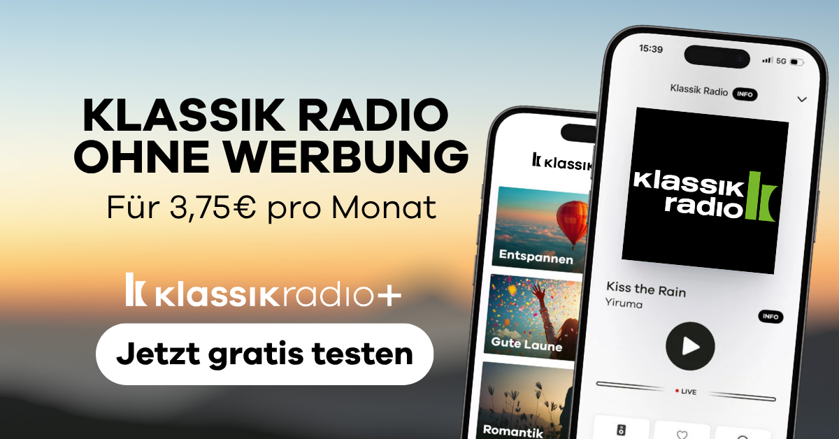 Smartphone zeigt die Klassik Radio Plus App.