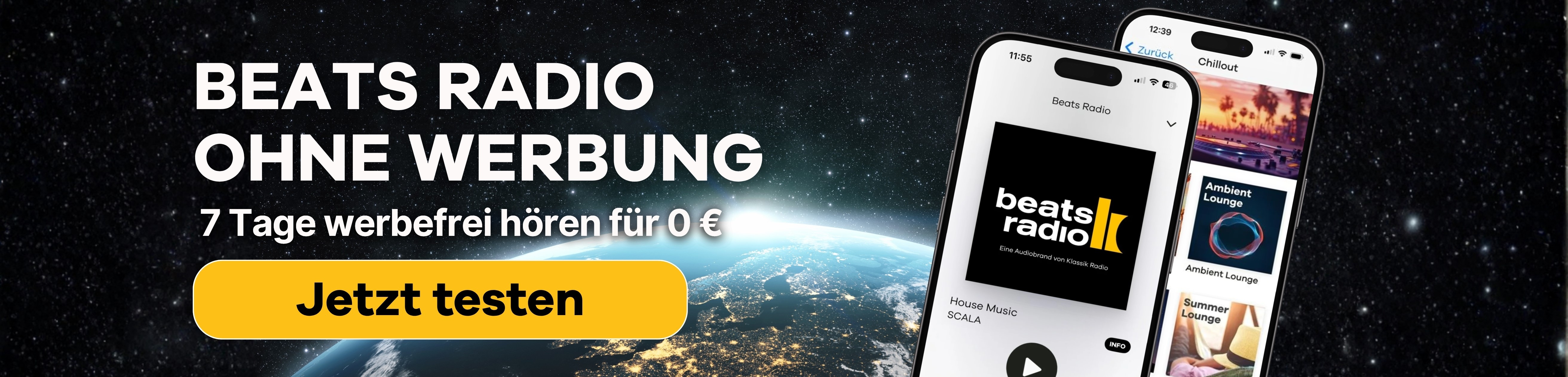 Weltall im Hintergrund, davor ein Handy mit Beats Radio auf dem Display, daneben Text "Beats Radio ohne Werbung - 7 Tage werbefrei für 0 €, Jetzt gratis testen"