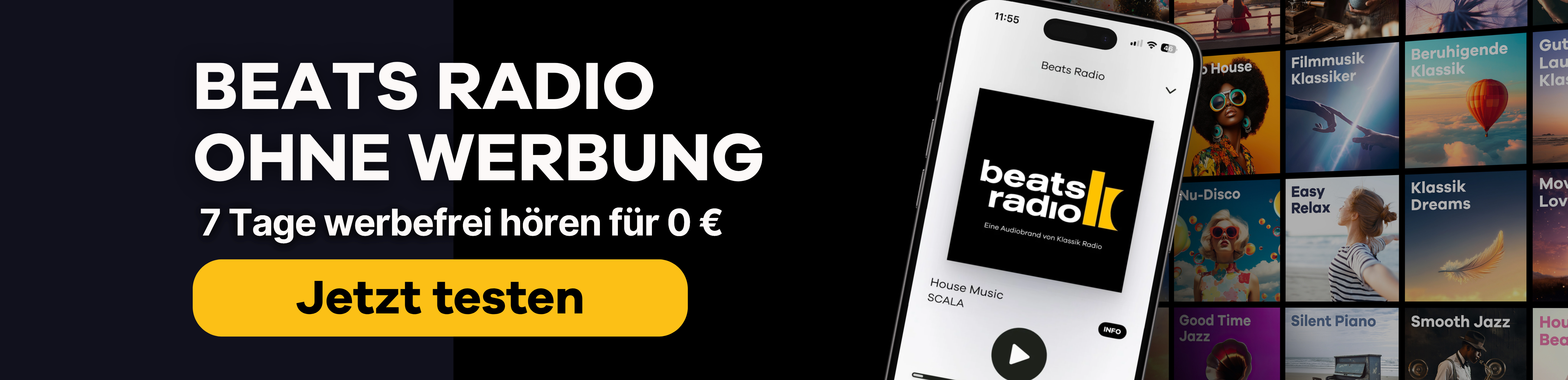 Weltall im Hintergrund, davor ein Handy mit Beats Radio auf dem Display, daneben Text "Beats Radio ohne Werbung - 7 Tage werbefrei für 0 €, Jetzt gratis testen"