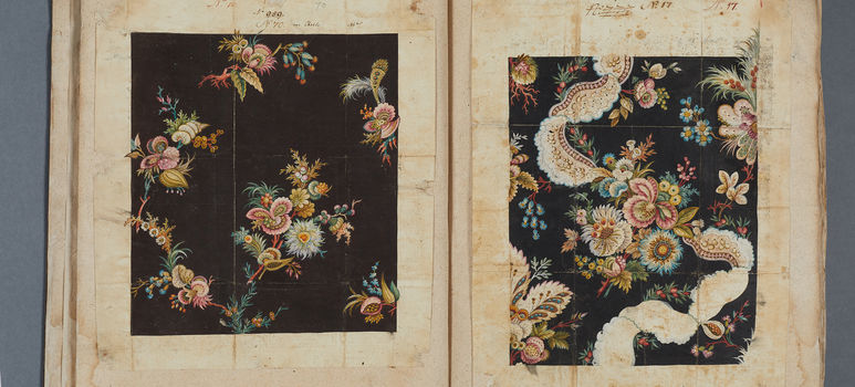 Musterbuch Nr. 1 von 1792 der Augsburger Stoffdruckerei Schöppler und Hartmann mit zeittypischen Mustern. Schöppler und Hartmann war die Vorläuferfirma der berühmten Neuen Augsburger Kattunfabrik (NAK).