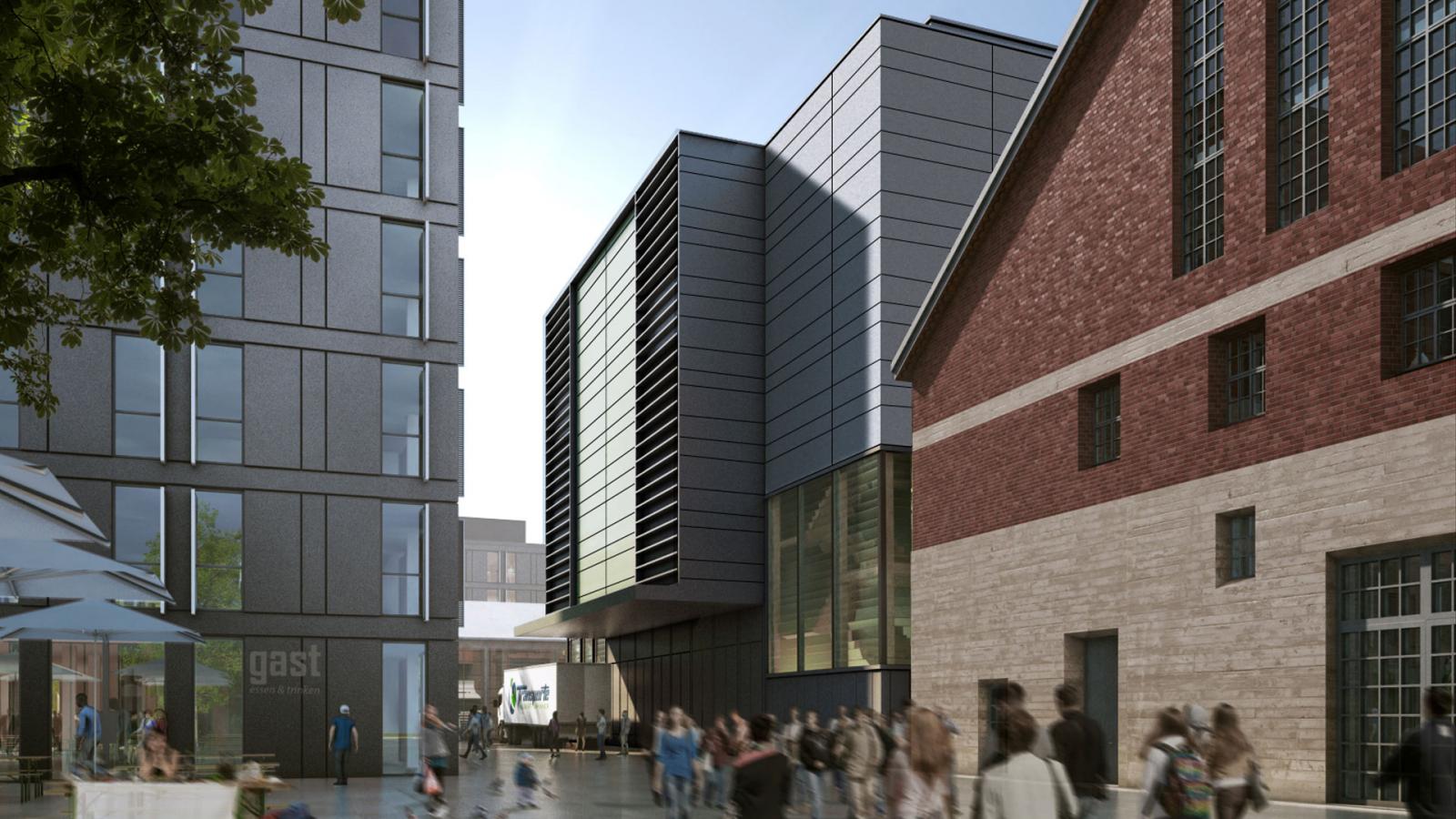 Blick auf die Isarphilharmonie (Mitte) und Halle E (rechts)