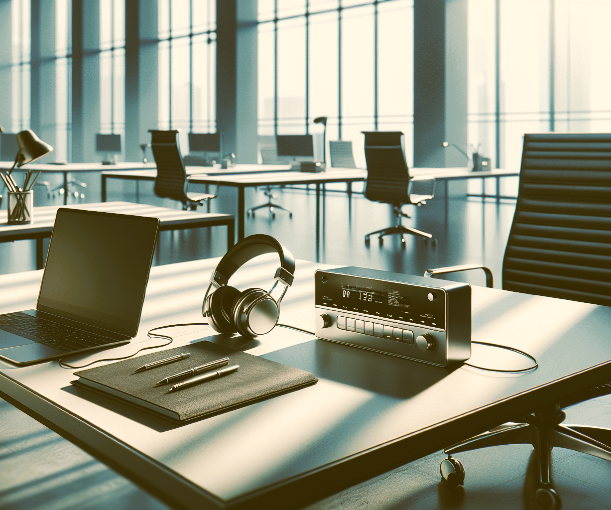 Schreibtisch im Büro mit Kopfhörer und Radio