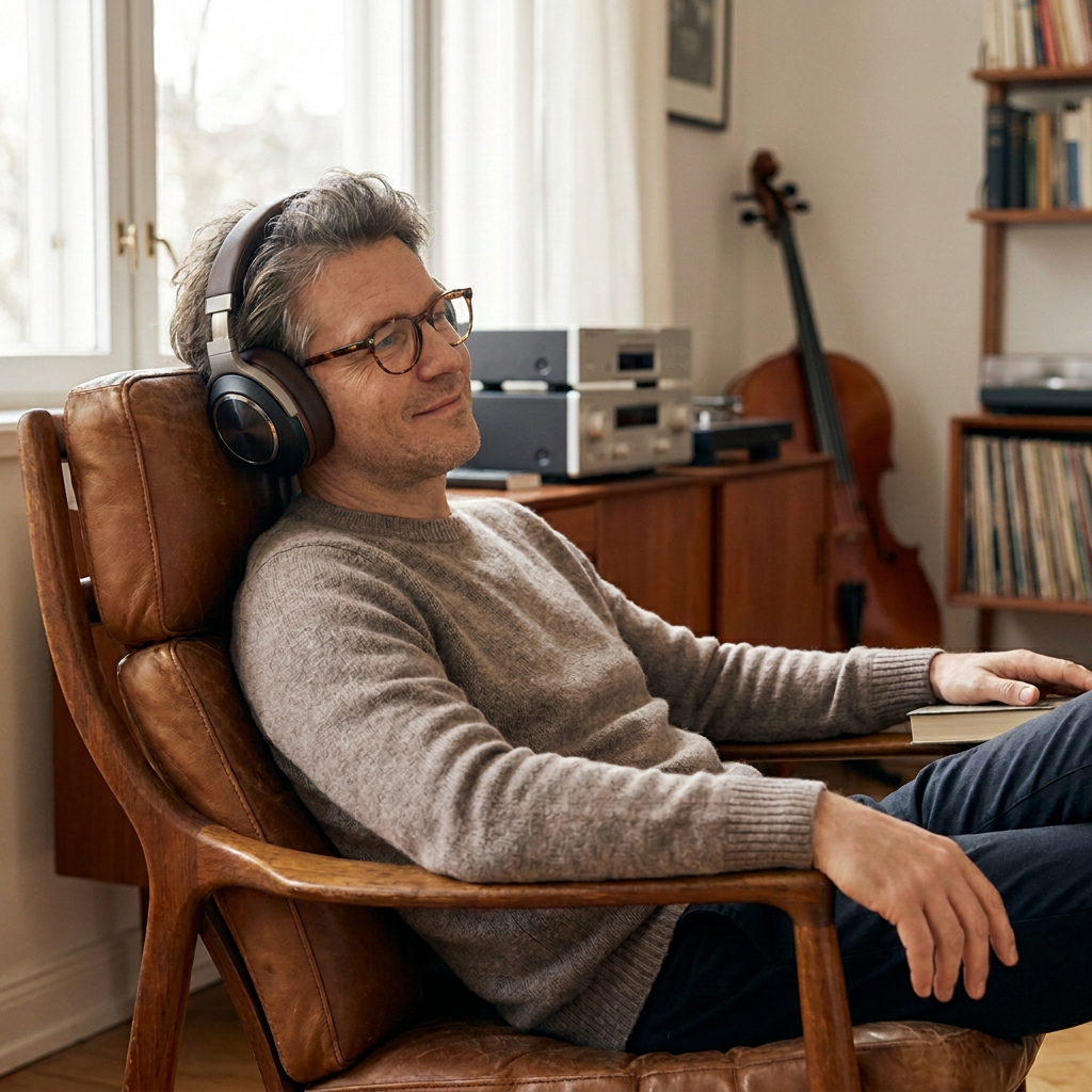 Ein Mann hört in seinem Sessel mit Over-Ear Kopfhörern klassische Musik.