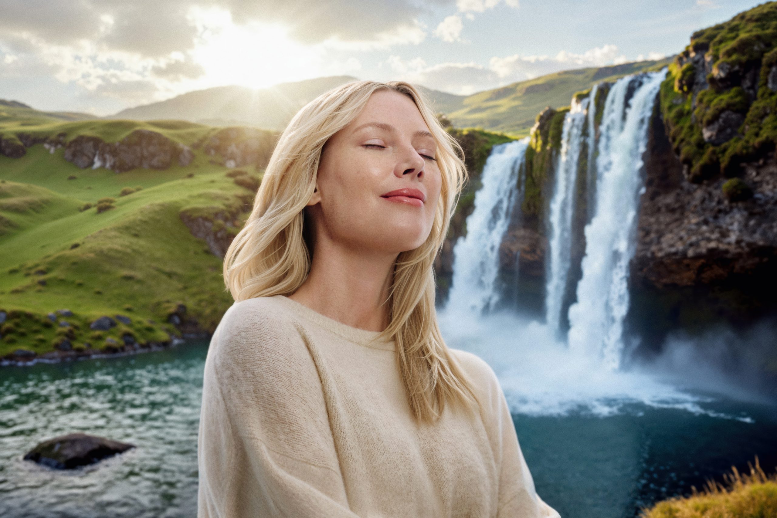 Frau mit blondem Haar steht vor einem Wasserfall in grüner, sonniger Landschaft