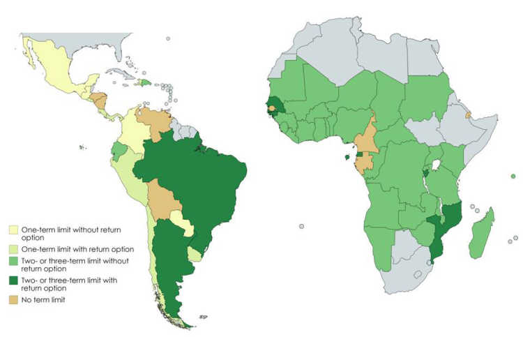 Graphic shows Term-Limit Rule Types in Latin America and Sub-Saharan Africa as of January 2020