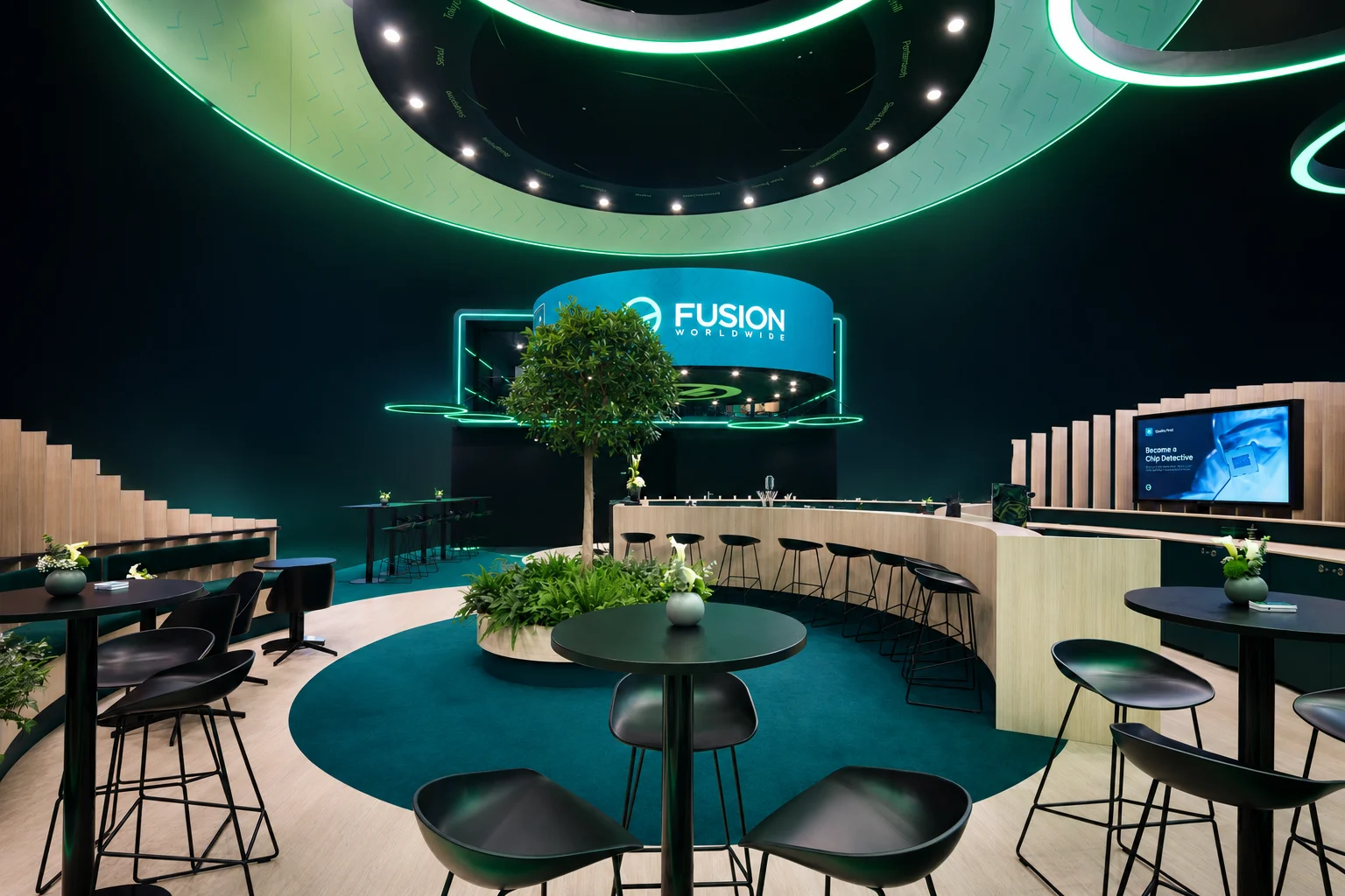 Fusion Worldwide electronica 2026 booth lounge with meeting tables, branded signage and high-tech electronic component sourcing displays.