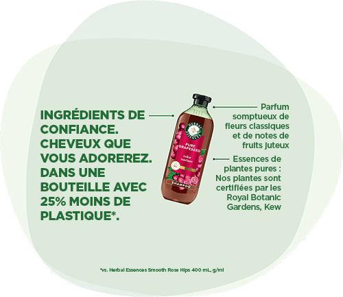Herbal Essences : Ingrédients de confiance. Cheveux que vous adorerez. Dans une bouteille avec 25 % moins de plastique. Parfum de fleurs classiques et de notes de fruits juteux.