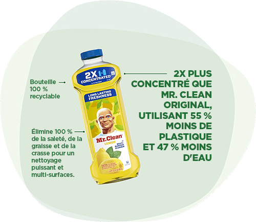 Mr. Clean Liquides : Bouteille 100 % recyclable. Élimine 100 % de la saleté, de la graisse et de la crasse pour un nettoyage puissant et multi-surfaces. 2x plus concentré que Mr. Clean Original, utilisant 55 % moins de plastique et 47 % moins d'eau.