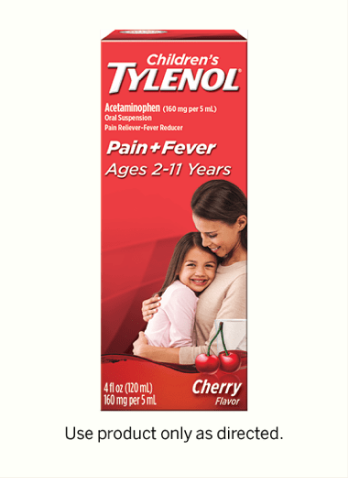 A package of Children’s TYLENOL® Cherry Liquid Medicine for pain relief and fever reduction.