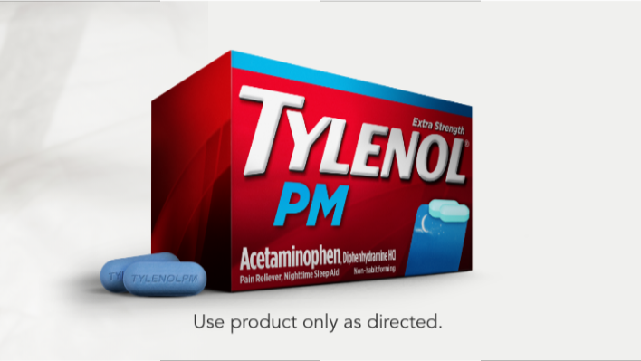 A woman sleeping and a package of TYLENOL® PM caplets with acetaminophen and diphenhydramine HCl.