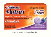 A package of grape-flavored Children’s MOTRIN® Chewables for fever and pain reduction.