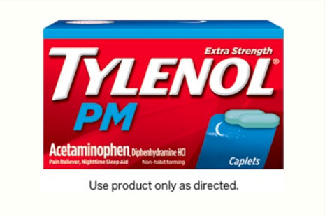 A package of TYLENOL® PM Extra Strength Caplets for adult pain relief and sleep aid.