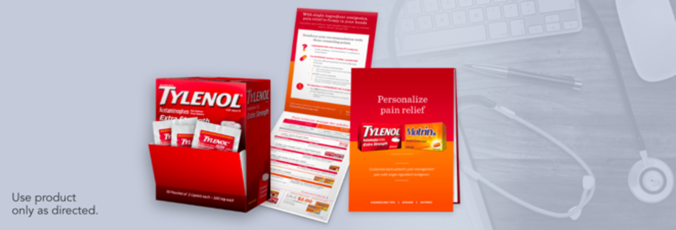 Box of TYLENOL® samples and TYLENOL® and MOTRIN® patient education resources.