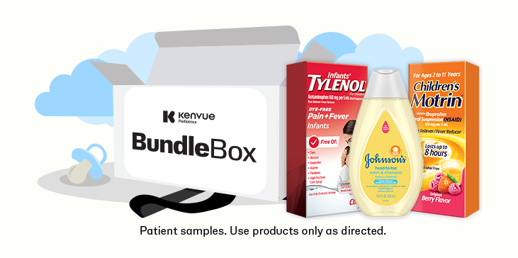 Infants’ TYLENOL®, Children’s MOTRIN®, and AVEENO® Baby next to a Johnson & Johnson Bundle Box.