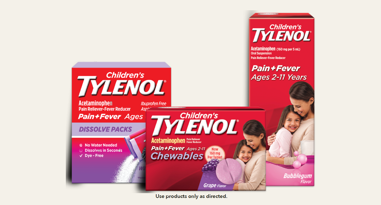 Packages of Children’s TYLENOL® Chewables and Liquid Oral Suspension and Dissolve Packs.