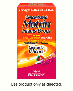 A package of berry-flavored MOTRIN® Concentrated Infants’ Drops for pain relief and fever reduction.