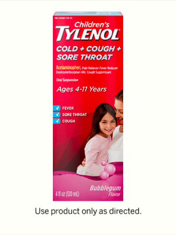 Bubblegum-flavored Children’s TYLENOL® Cold + Cough + Sore Throat Liquid Oral Suspension medicine.